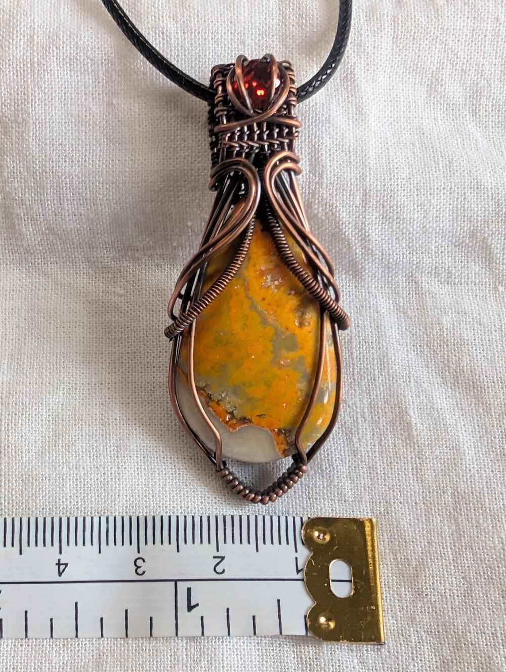 Bumblebee Jasper & Garnet  Handmade Copper Wire Wrapped Pendant - Picture 7 of 7